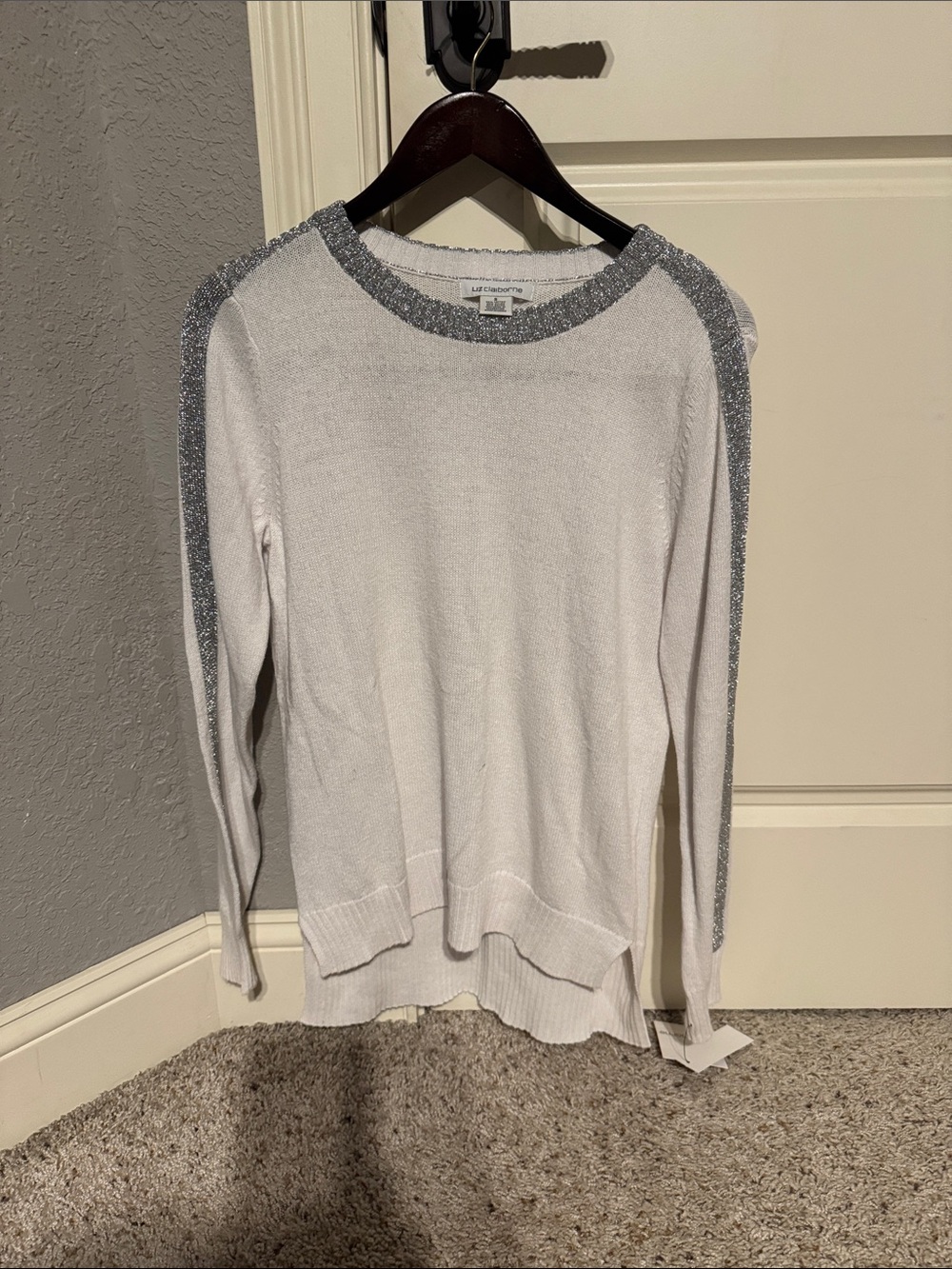 Liz Claiborne White Crewneck Sweater with Silver Trim